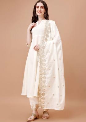 Off White Embroidered Viscose Kurta Set