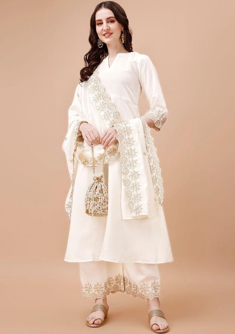 Off White Embroidered Viscose Kurta Set - Indya