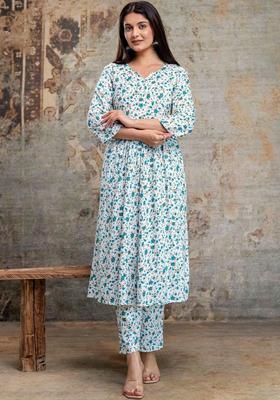 White Printed Viscose Kurta Set