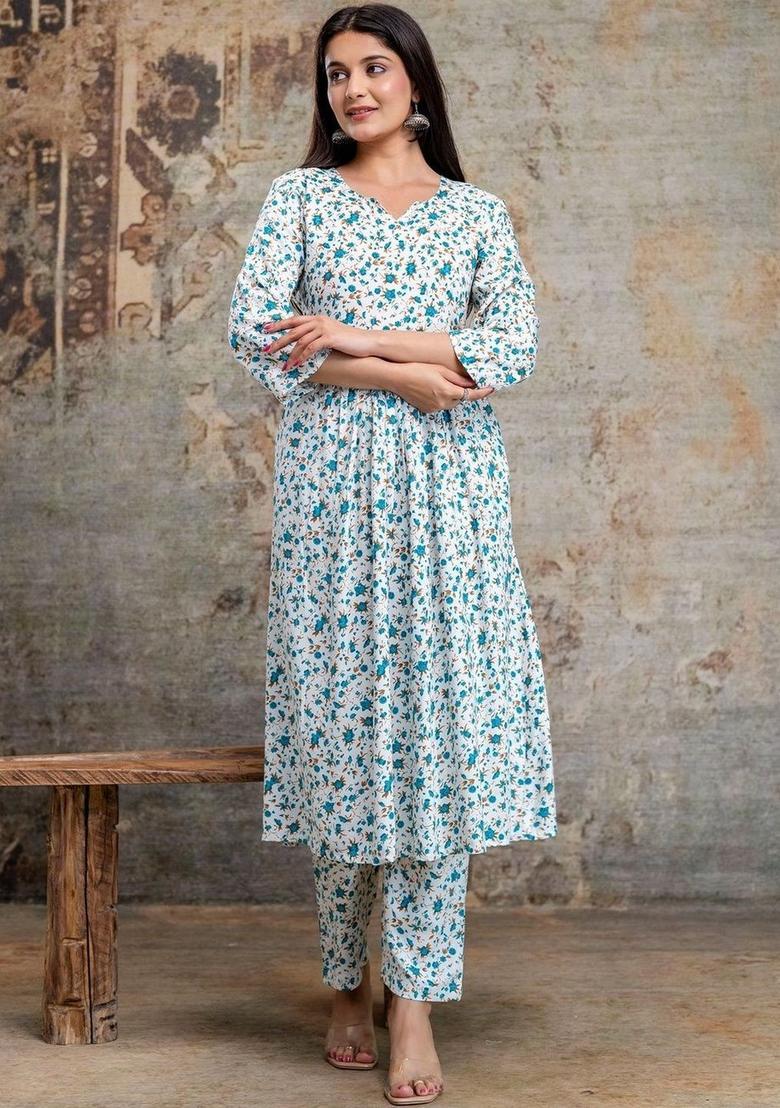 White Printed Viscose Kurta Set - Indya