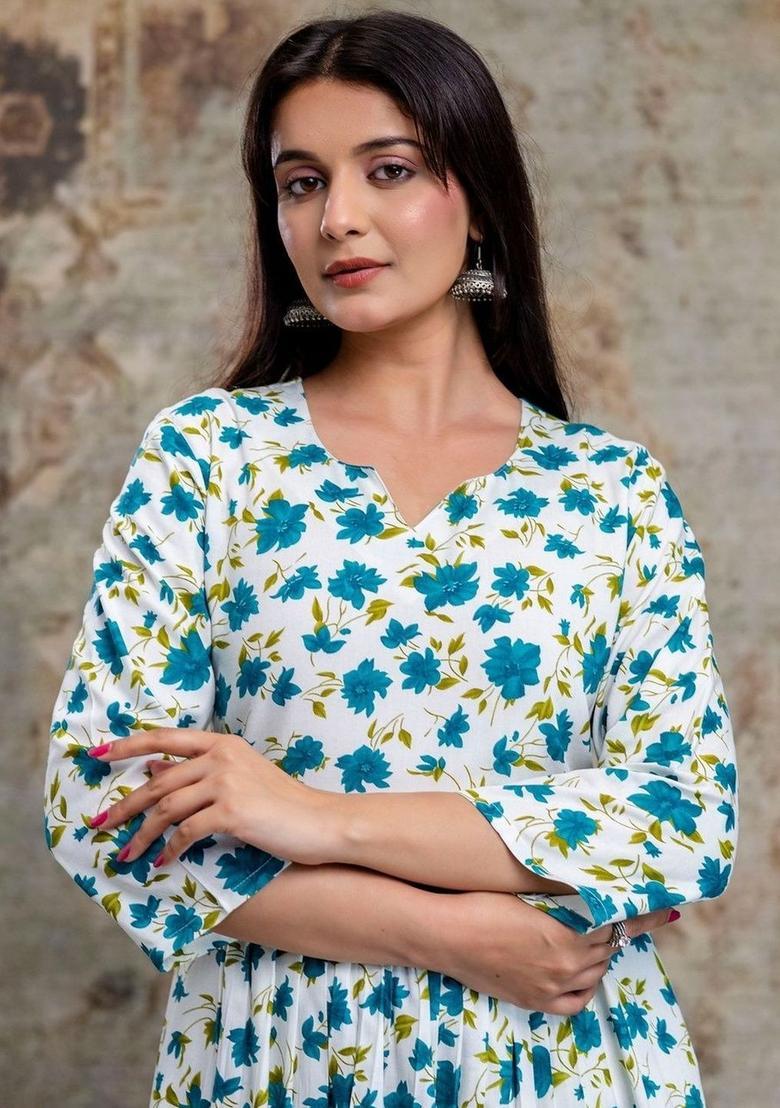 White Printed Viscose Kurta Set - Indya