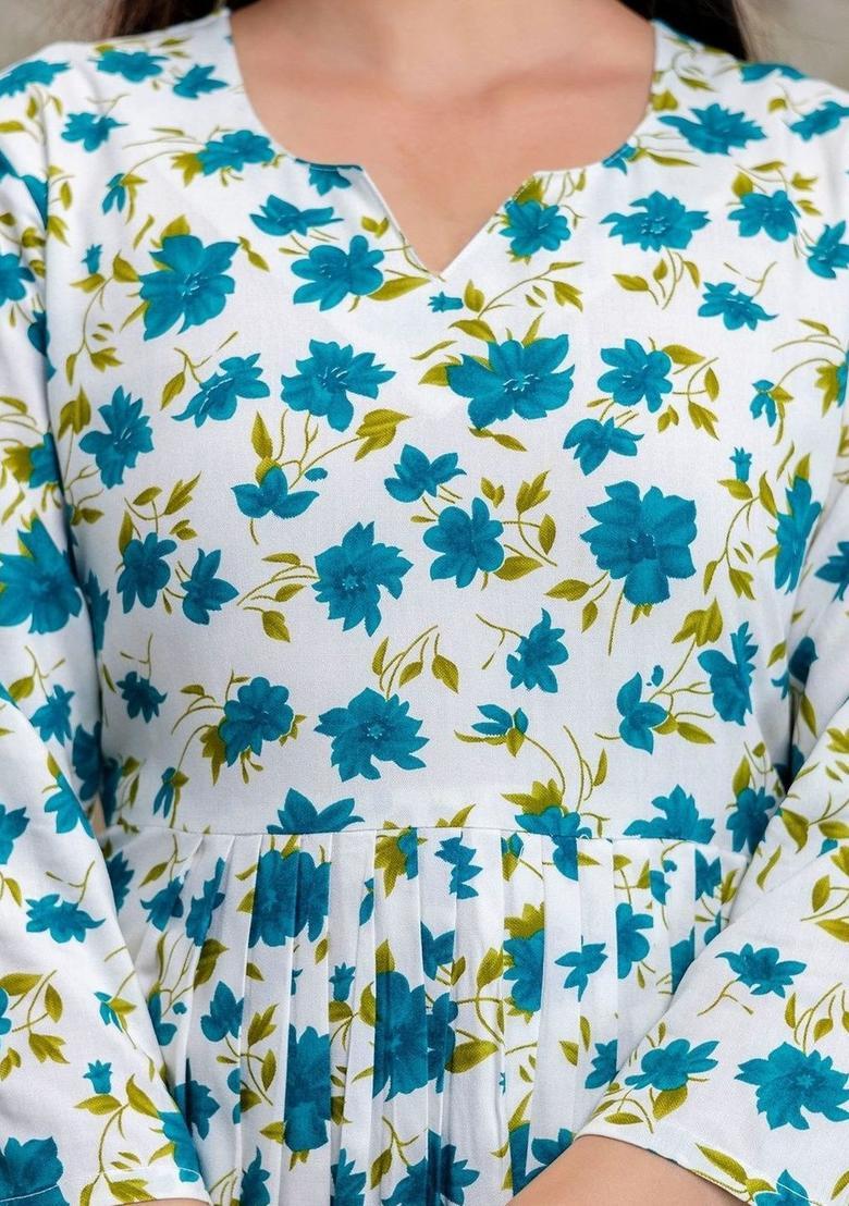 White Printed Viscose Kurta Set - Indya