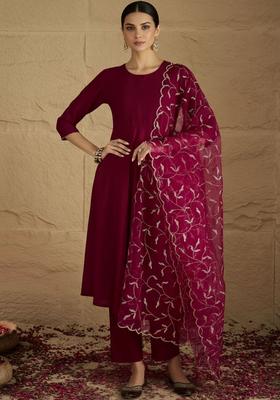 Maroon Solid Silk Kurta Set
