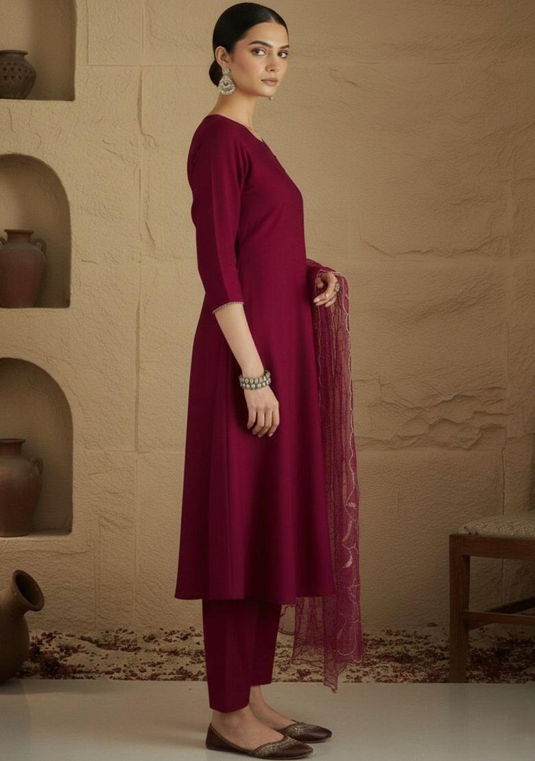 Maroon Solid Silk Kurta Set - Indya