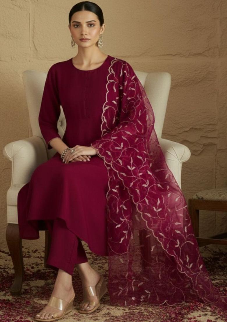Maroon Solid Silk Kurta Set - Indya