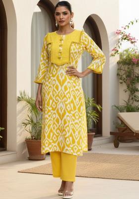 Yellow Printed Cotton Kurta Set