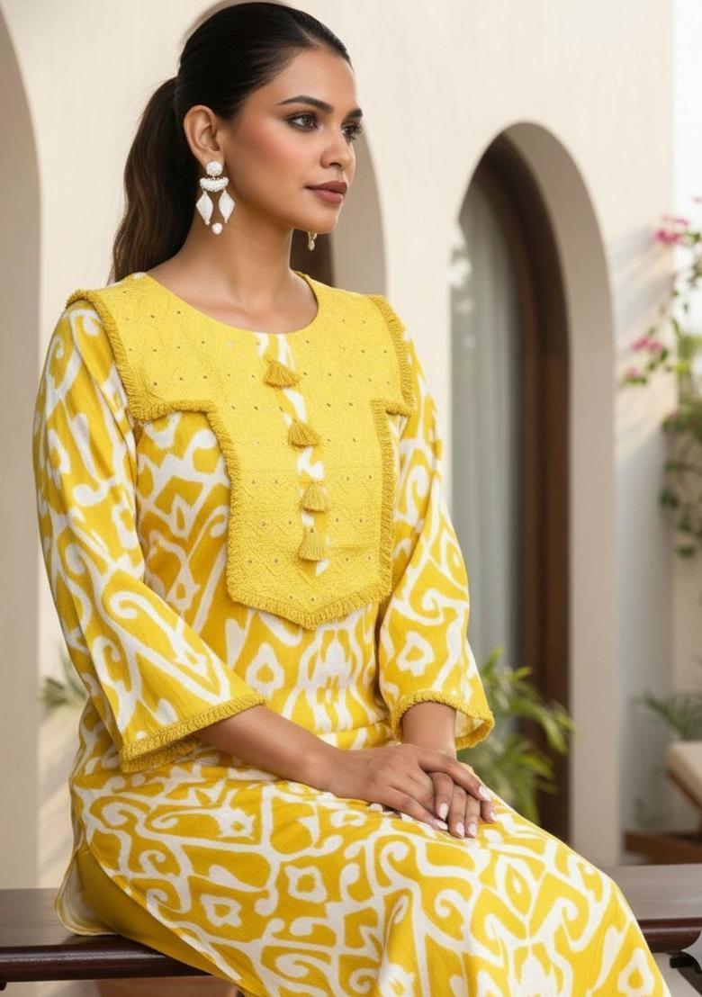 Yellow Printed Cotton Kurta Set - Indya