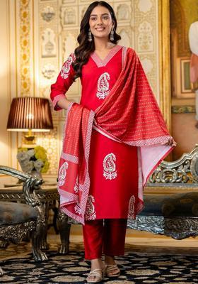 Red Printed Viscose Kurta Set