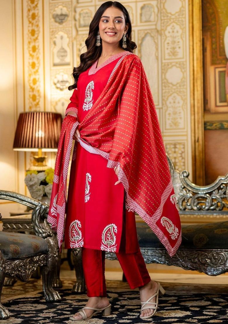 Red Printed Viscose Kurta Set - Indya