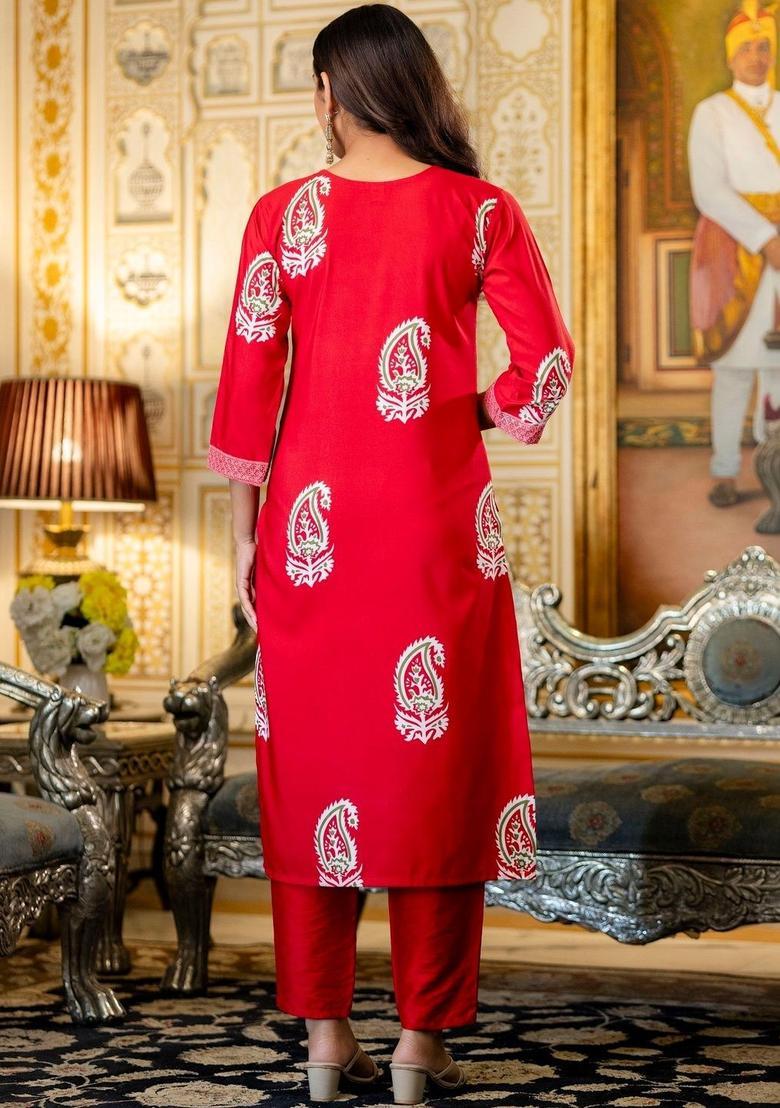 Red Printed Viscose Kurta Set - Indya