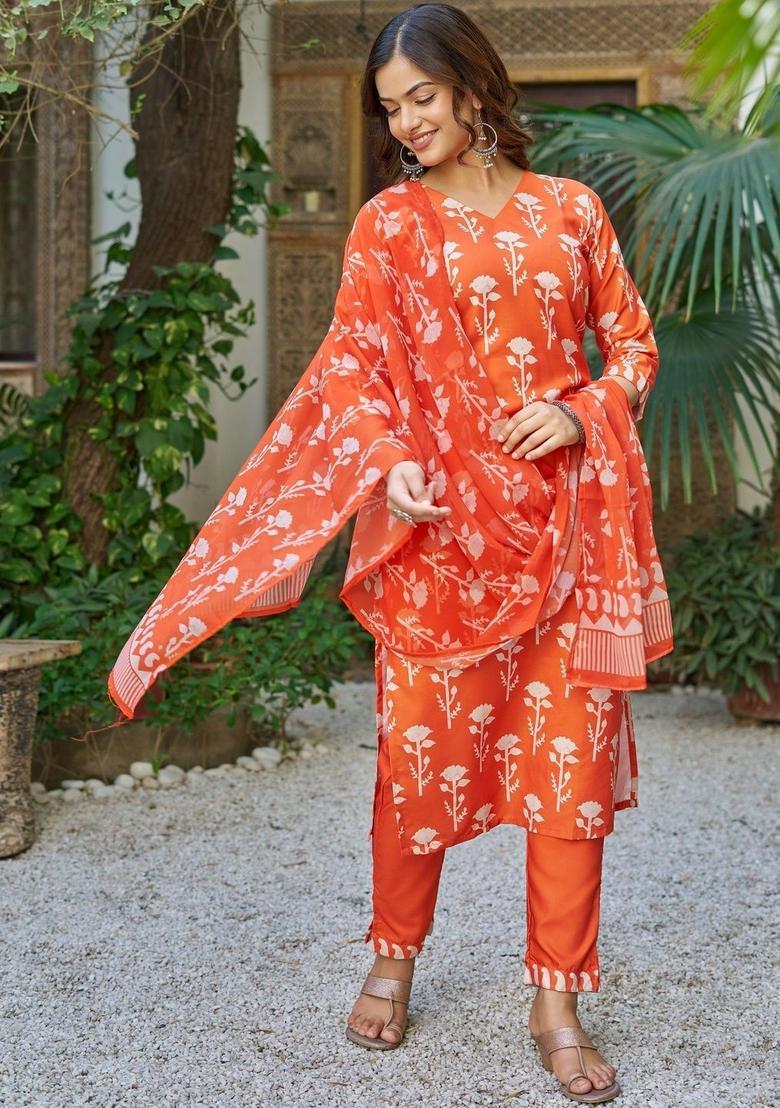 Orange Printed Cotton Kurta Set - Indya