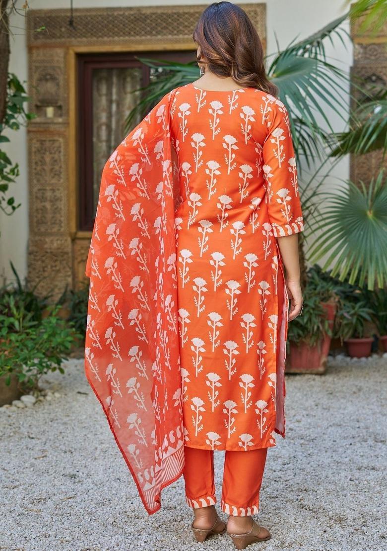 Orange Printed Cotton Kurta Set - Indya