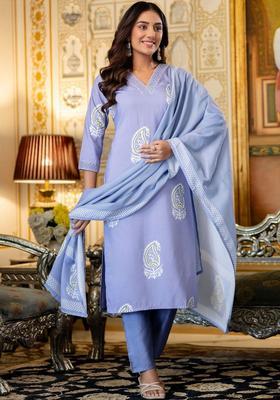 Lavender Printed Viscose Kurta Set