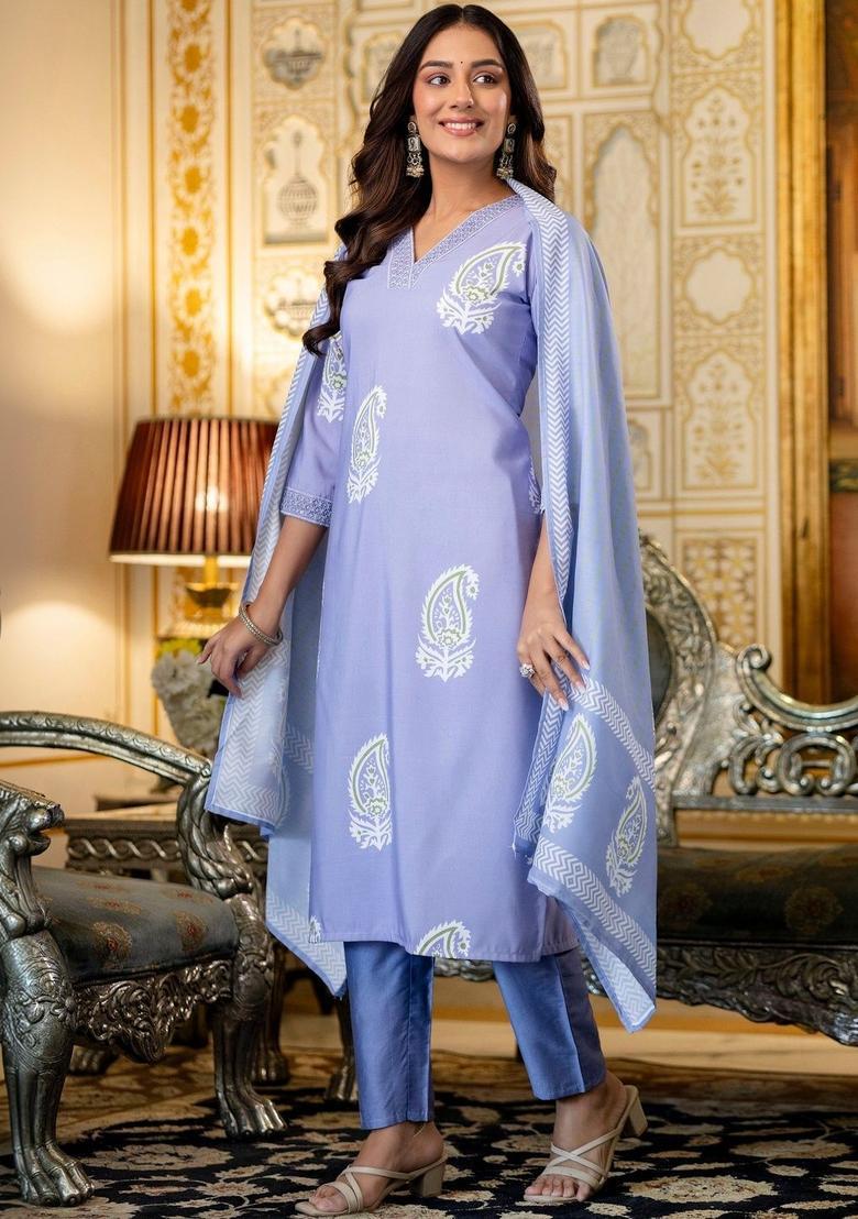 Lavender Printed Viscose Kurta Set - Indya