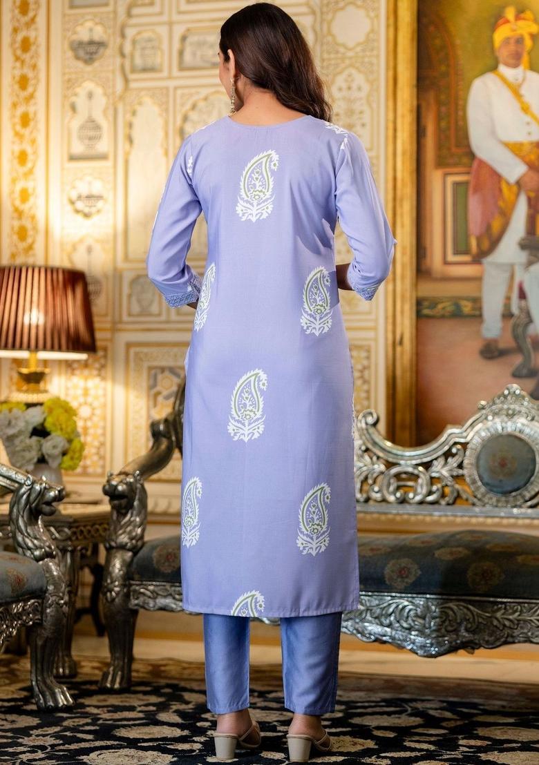 Lavender Printed Viscose Kurta Set - Indya