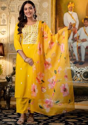 Yellow Embroidered Viscose Kurta Set