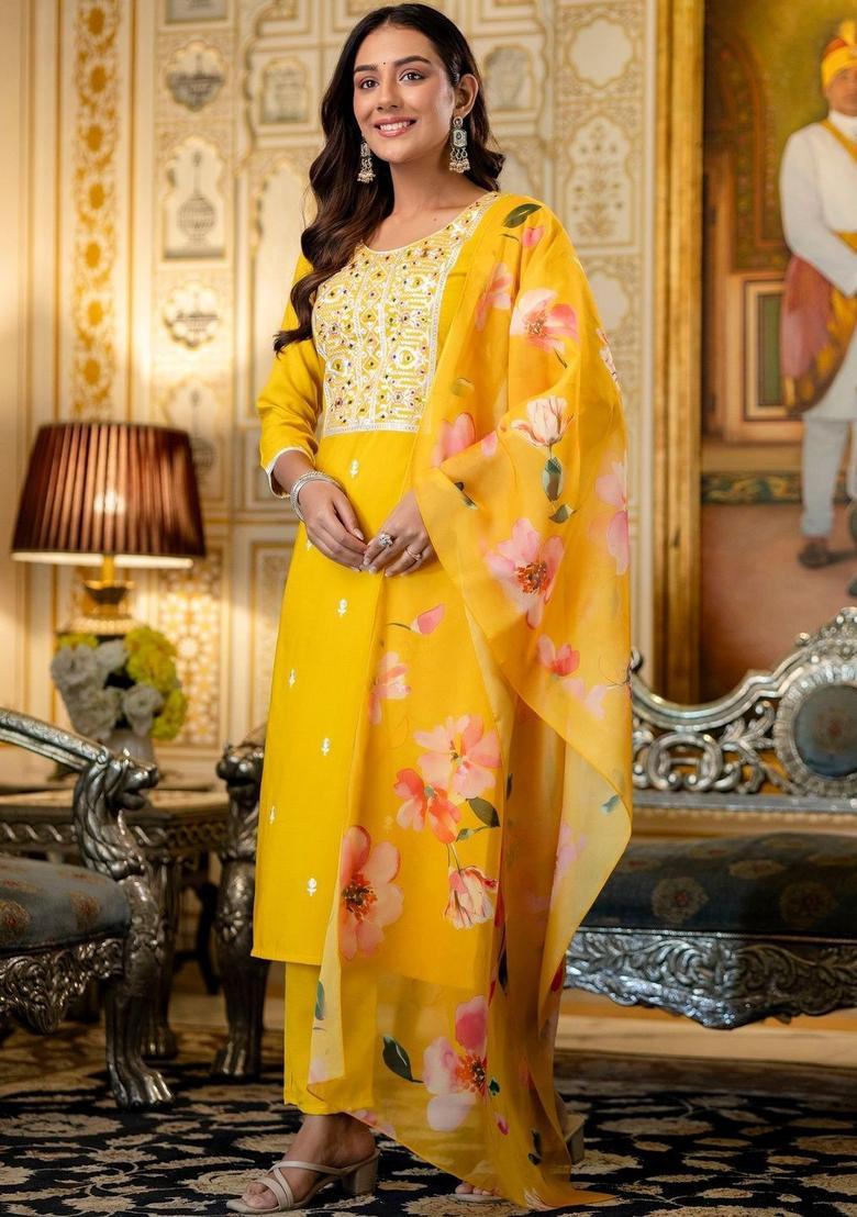 Yellow Embroidered Viscose Kurta Set - Indya