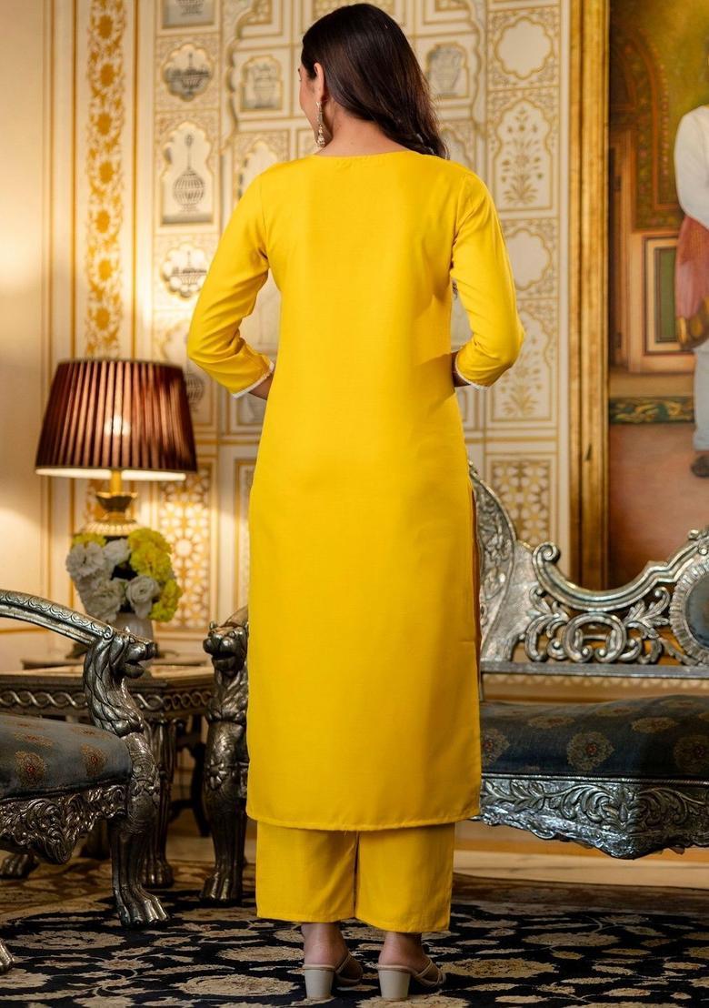 Yellow Embroidered Viscose Kurta Set - Indya