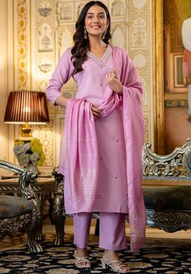 Lavender Embroidered Viscose Kurta Set