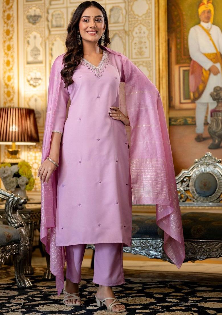 Lavender Embroidered Viscose Kurta Set - Indya