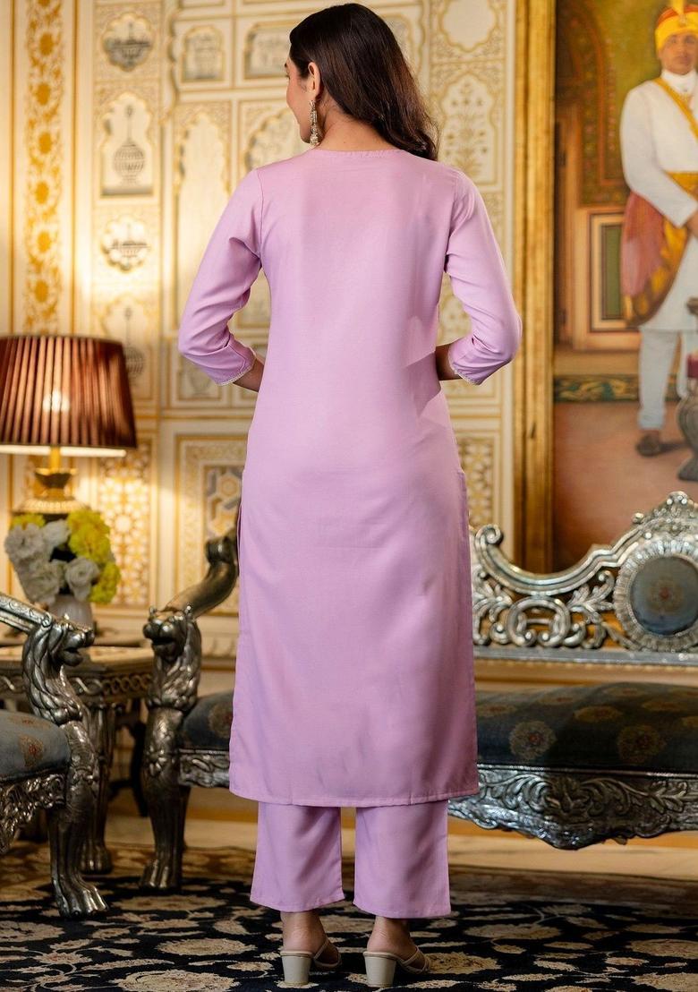 Lavender Embroidered Viscose Kurta Set - Indya