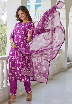 Purple Printed Cotton Kurta Set