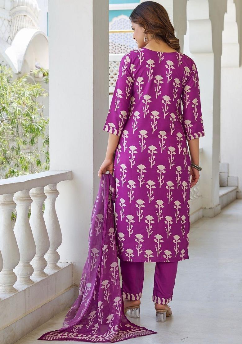 Purple Printed Cotton Kurta Set - Indya