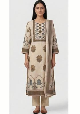 Beige Printed Cotton Kurta Set