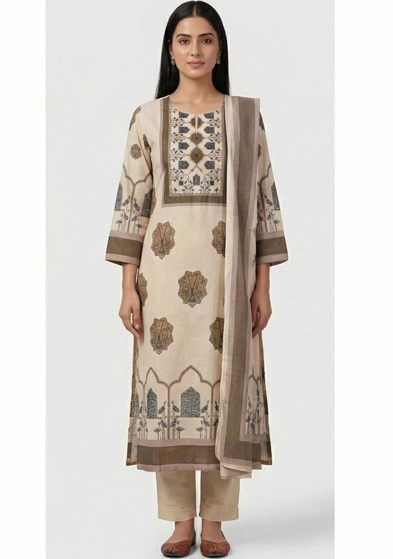 Beige Printed Cotton Kurta Set - Indya