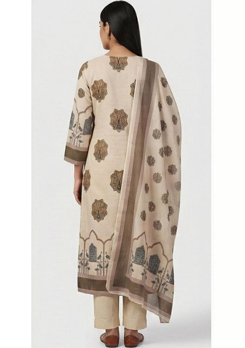 Beige Printed Cotton Kurta Set - Indya