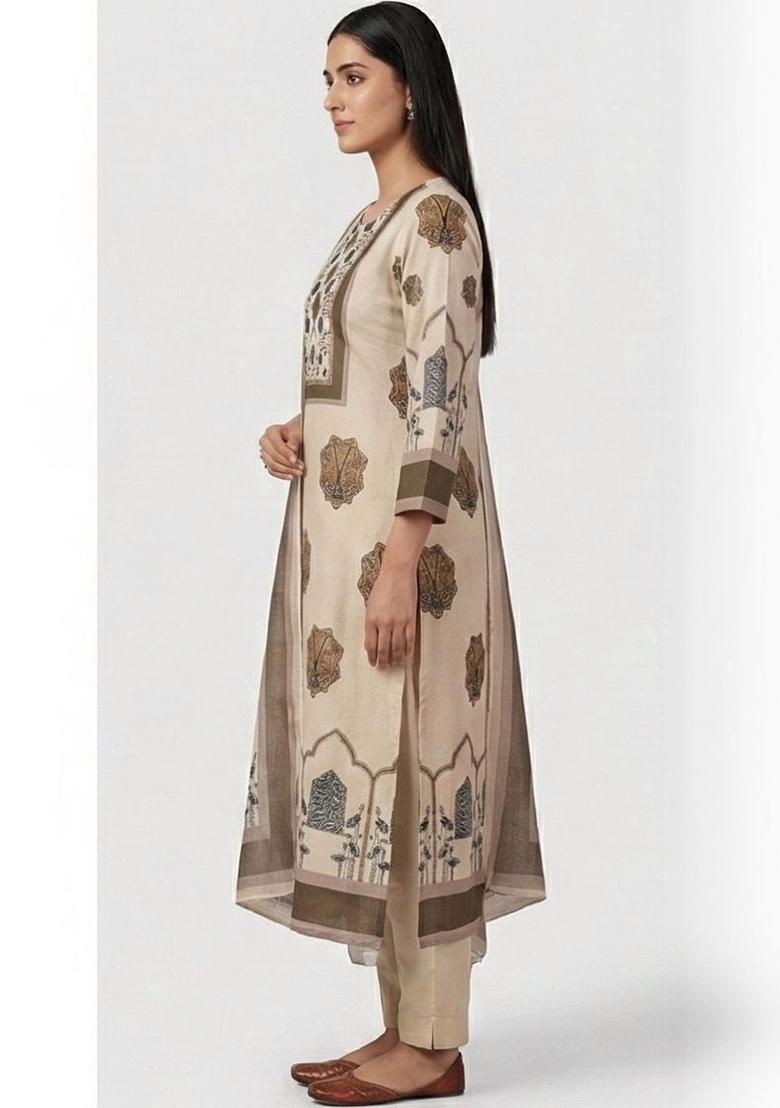 Beige Printed Cotton Kurta Set - Indya