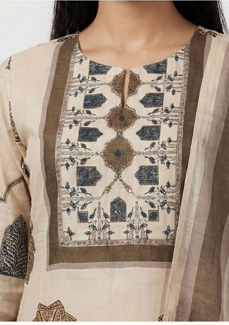 Beige Printed Cotton Kurta Set - Indya
