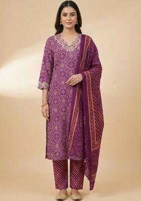 Purple Printed Cotton Kurta Set