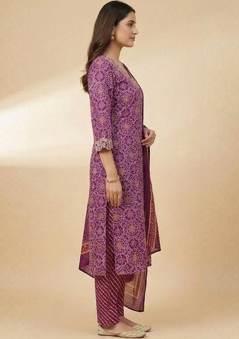 Purple Printed Cotton Kurta Set - Indya