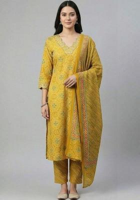 Mustard Printed Cotton Kurta Set