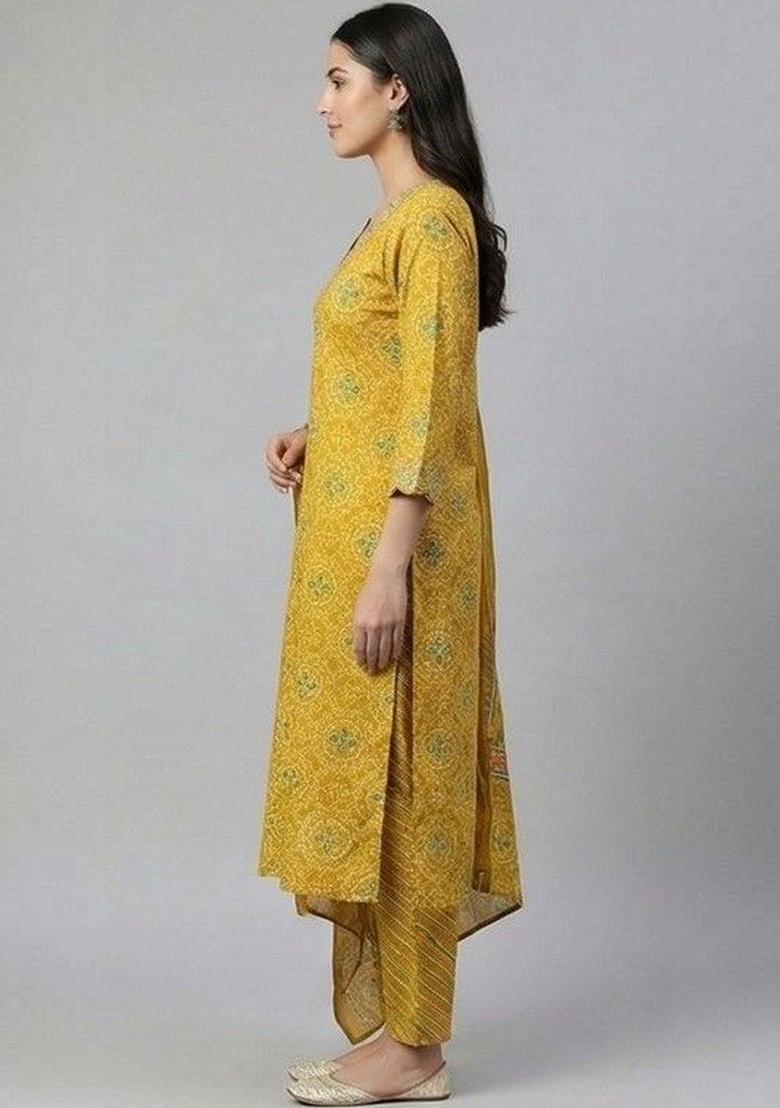 Mustard Printed Cotton Kurta Set - Indya