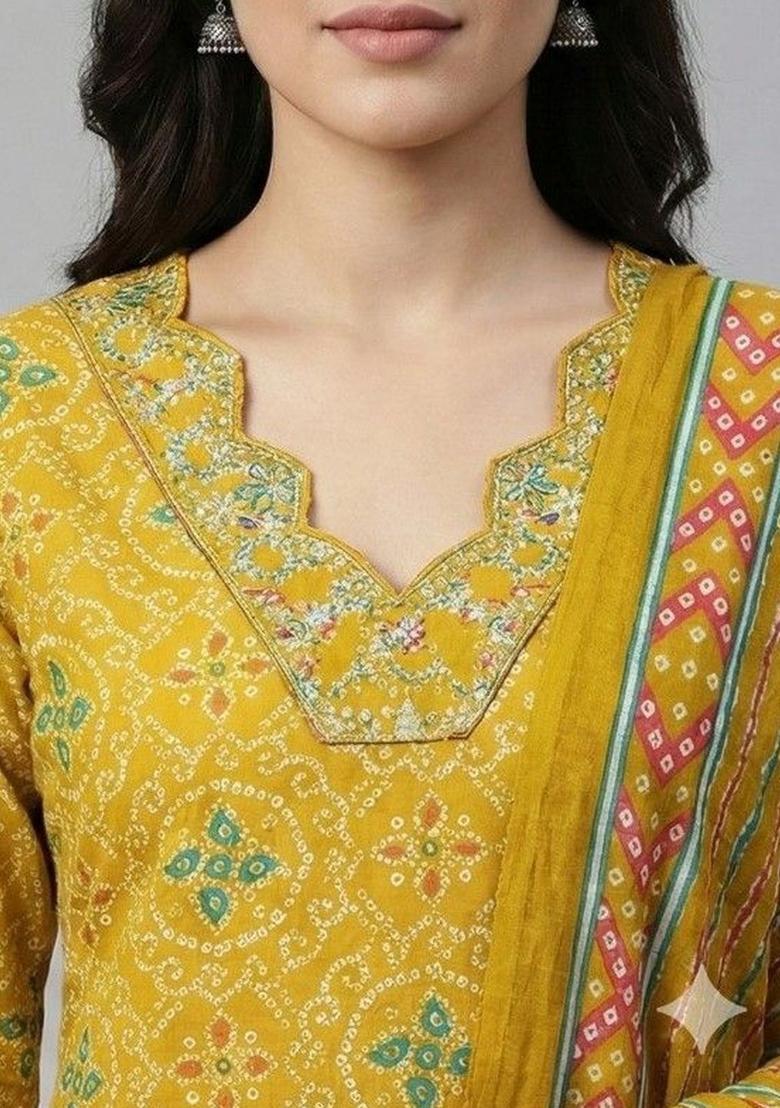 Mustard Printed Cotton Kurta Set - Indya