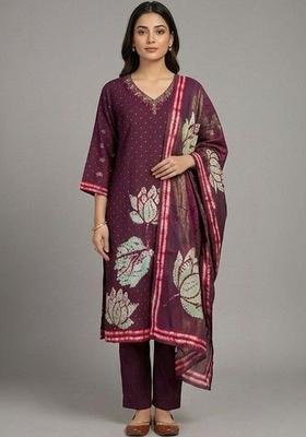 Purple Printed Cotton Kurta Set
