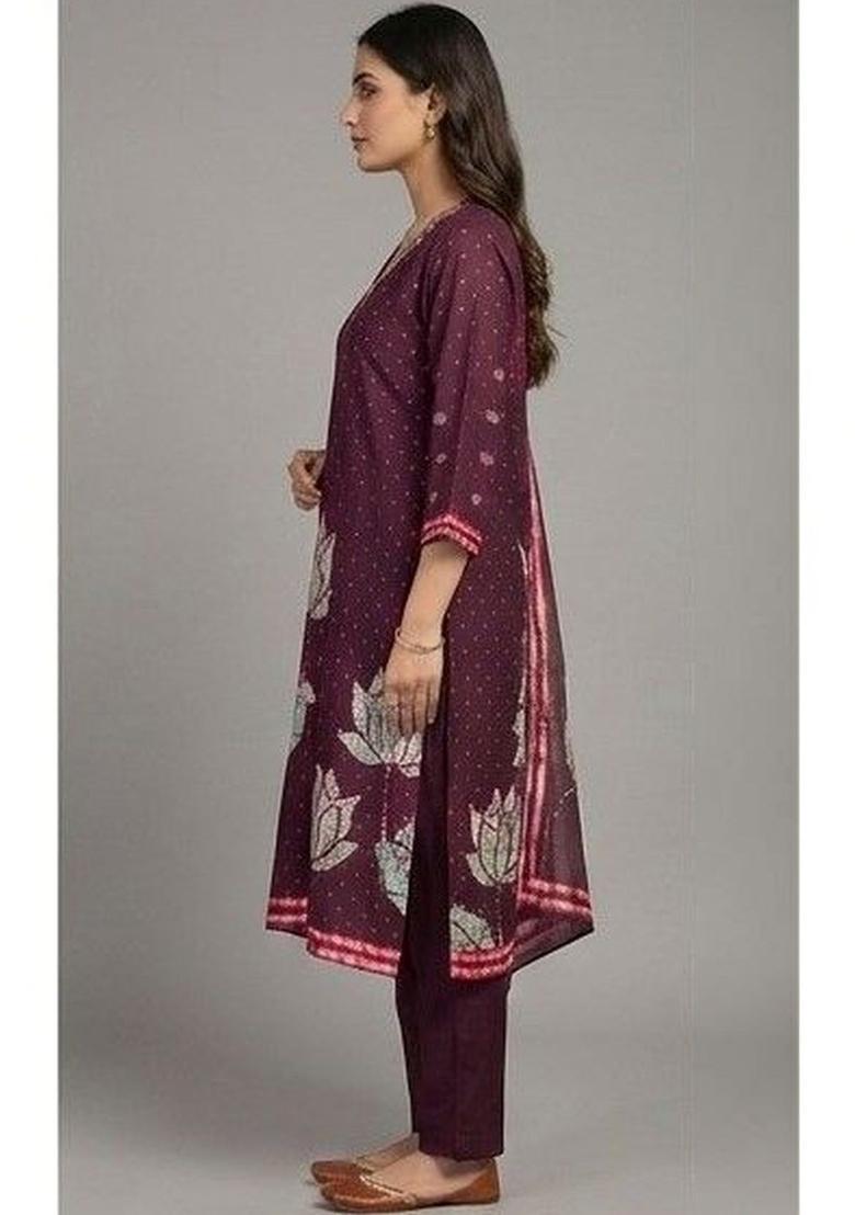 Purple Printed Cotton Kurta Set - Indya