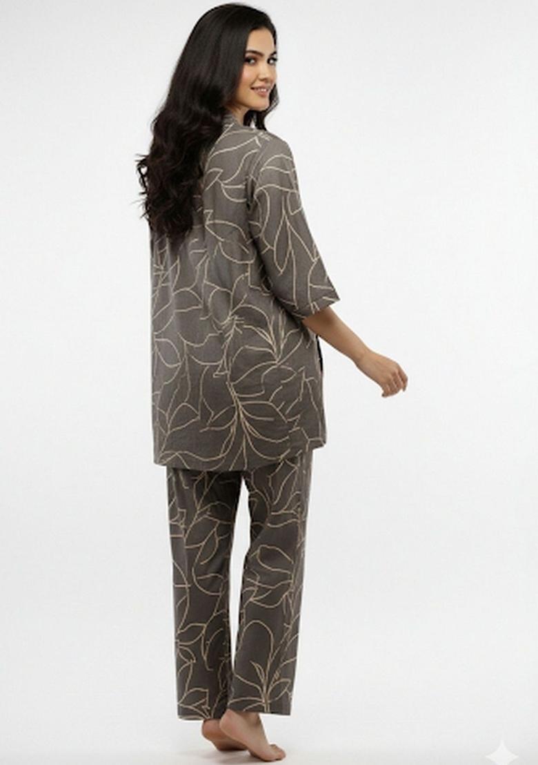 Grey Printed Cotton Kurta Set - Indya