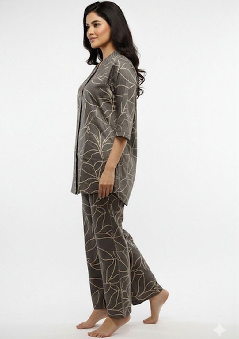 Grey Printed Cotton Kurta Set - Indya