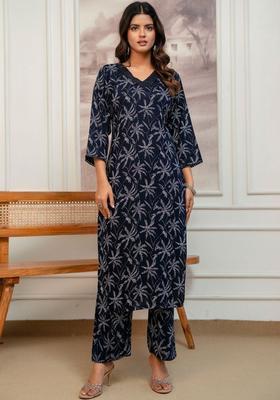 Navy Blue Printed Viscose Kurta Set