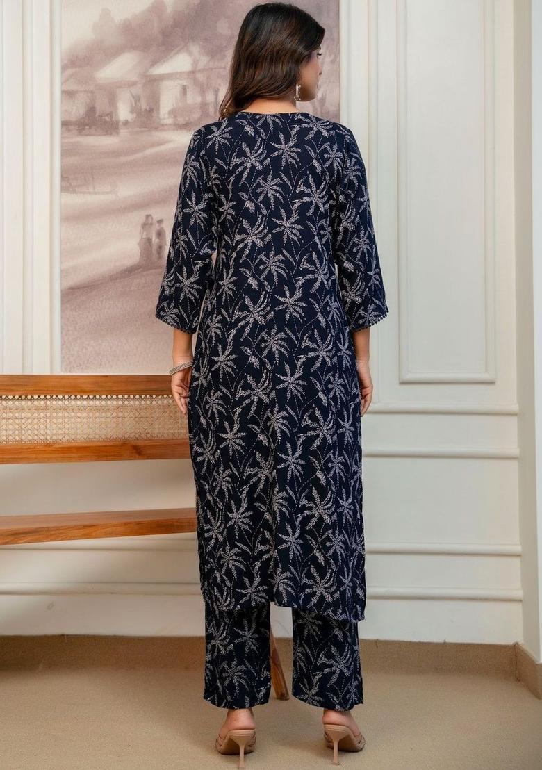 Navy Blue Printed Viscose Kurta Set - Indya