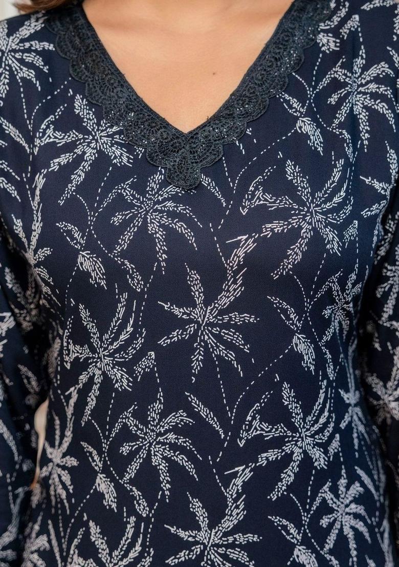 Navy Blue Printed Viscose Kurta Set - Indya