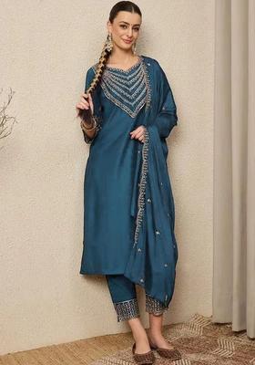 Teal Embroidered Silk Kurta Set