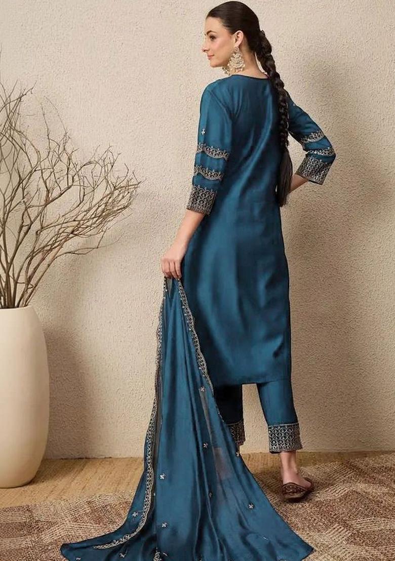 Teal Embroidered Silk Kurta Set - Indya