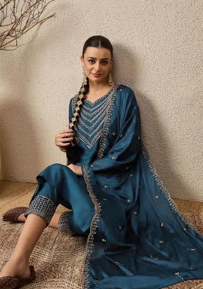 Teal Embroidered Silk Kurta Set - Indya