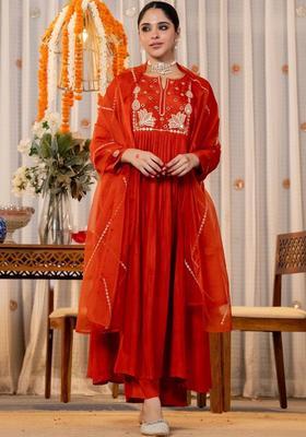 Orange Embroidered Silk Kurta Set