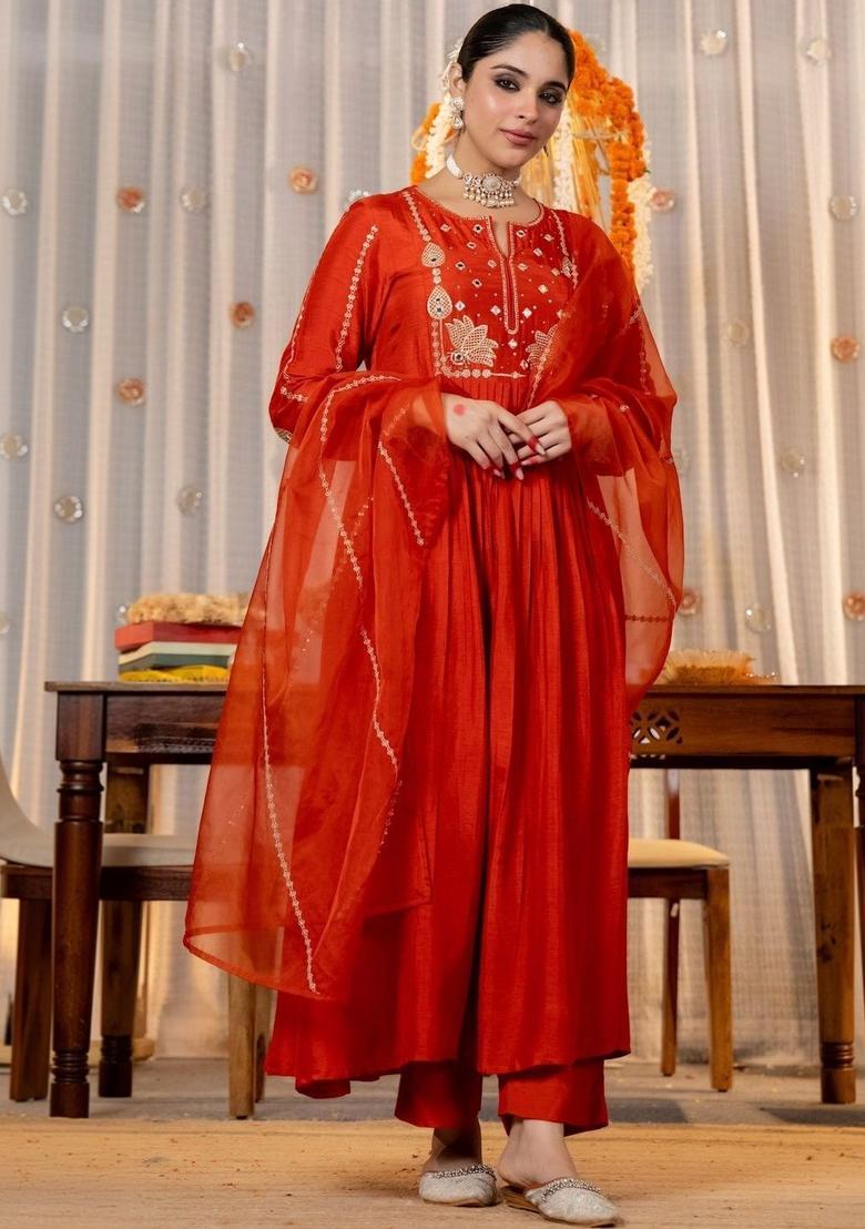 Orange Embroidered Silk Kurta Set - Indya