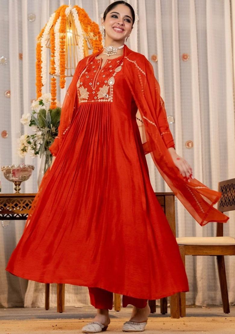 Orange Embroidered Silk Kurta Set - Indya